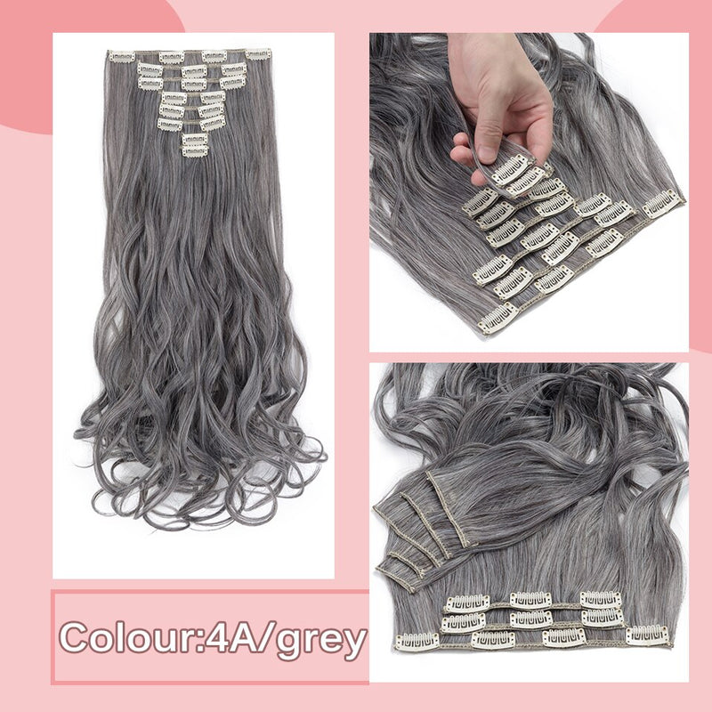 Cabelo longo ondulado 8 pçs/conjunto grampo sintético em apliques prata cinza grampo no cabelo para mulheres Hairro 24 polegadas grampo