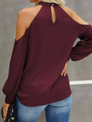 Blusas femininas da moda sexy oco para fora frio frente única camisetas de manga comprida tops drapeados frente franzida camisas de ajuste solto