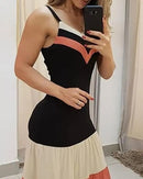 Verão feminino decote em v sem mangas colorblock cinta de espaguete babados babados maxi vestido