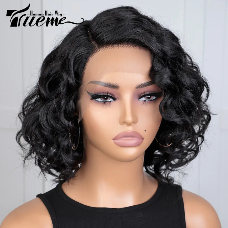 Trueme bouncy encaracolado bob peruca dianteira do laço perucas de cabelo humano para as mulheres coloridas onda de água brasileira transparente laço peruca de cabelo humano