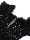 Macacões femininos sexy com lantejoulas e penas chiques, ombros descaídos, decote em V profundo, macacão para festa, feminino, vintage, fino, brilhante, macacão para noite