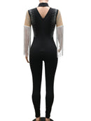 Macacão sexy com borla preta e strass feminino bodycon trajes de clube rave para festas de aniversário macacões body em geral