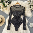 Macacão de malha translúcida para mulheres Sexy nude simulado com decote em O macacão bodycon de manga comprida Club Party Body skinny top fashion lady