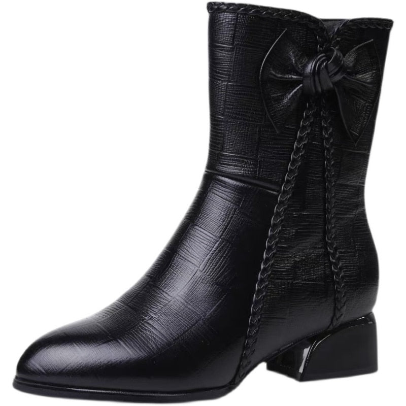 Botas femininas cabeça de couro ponta grossa salto grosso botas curtas novo inverno couro moda