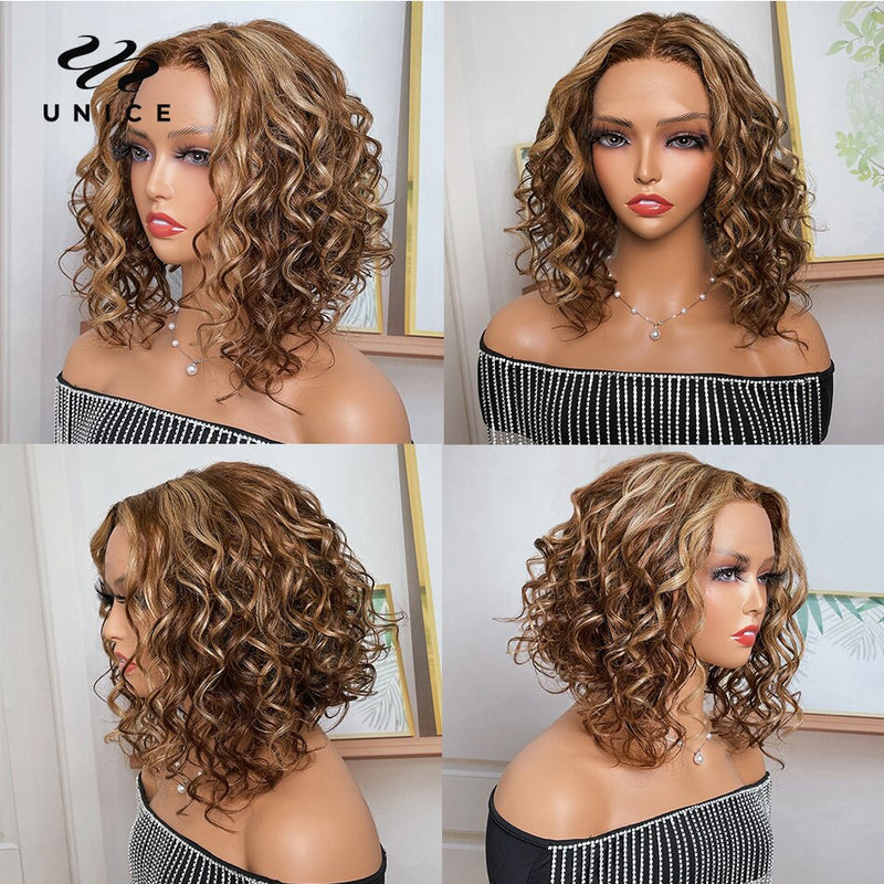 Cabelo Humano Renda Part Bob Wig 150% Densidade Loira Castanho Cabelo Humano Brasileiro Unice Hair Wig 13x1 Highlight Loose Wave Bob Wigs