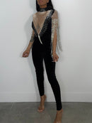 Macacão sexy com borla preta e strass feminino bodycon trajes de clube rave para festas de aniversário macacões body em geral