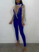 Macacão sexy com borla preta e strass feminino bodycon trajes de clube rave para festas de aniversário macacões body em geral