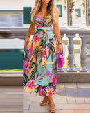 Verão feminino elegante sexy cintas de espaguete floral impressão profunda decote em v maxi sexy vestidos de festa casuais