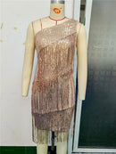 vestido de lantejoulas franja borla vestido sexy um ombro cocktail dança latina vestido de aniversário de salão