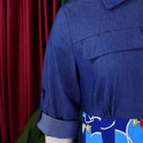 Vestidos longos elegantes impressos jeans retalhos único breasted turn down colarinho manga cheia em linha reta até o chão vestido feminino ol