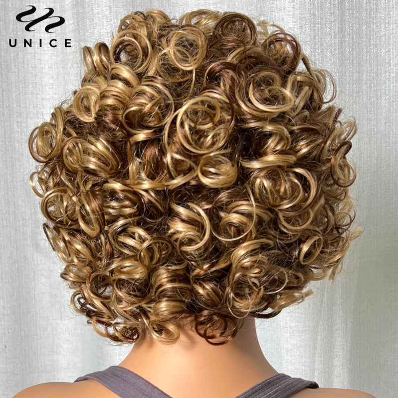 Cabelo Loiro Encaracolado Peruca 100% Humana Peruca de cabelo encaracolado com franja aberta Perucas de máquina para mulheres peruca curta afro de 8 polegadas