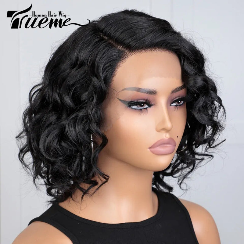 Trueme bouncy encaracolado bob peruca dianteira do laço perucas de cabelo humano para as mulheres coloridas onda de água brasileira transparente laço peruca de cabelo humano