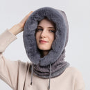 Gorro feminino de lã desleixado de caxemira gorro de pele cachecol máscara com cordão quente com capuz inverno balaclava pulôver chapéu de malha