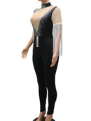 Macacão sexy com borla preta e strass feminino bodycon trajes de clube rave para festas de aniversário macacões body em geral