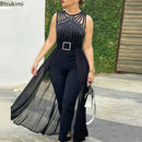 Macacões sexy strass pura malha sem mangas macacão com cinto magro macacão das mulheres