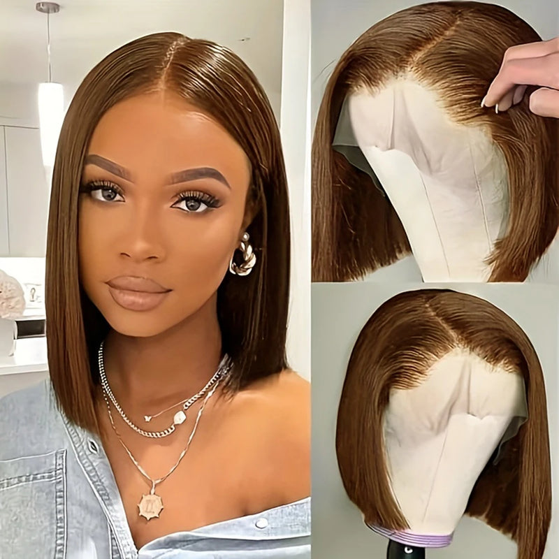 Peruca cabelo humano laço frontal perucas pré arrancadas com cabelo do bebê transparente corte rombudo marrom bob para preto