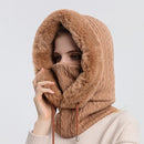 Gorro feminino de lã desleixado de caxemira gorro de pele cachecol máscara com cordão quente com capuz inverno balaclava pulôver chapéu de malha