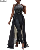 Macacões sexy strass pura malha sem mangas macacão com cinto magro macacão das mulheres