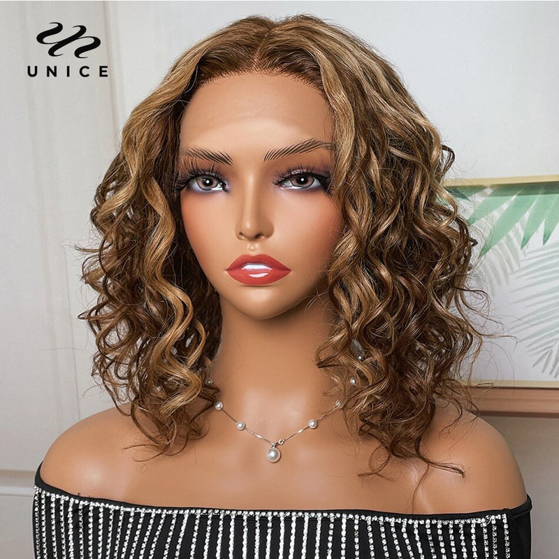 Cabelo Humano Renda Part Bob Wig 150% Densidade Loira Castanho Cabelo Humano Brasileiro Unice Hair Wig 13x1 Highlight Loose Wave Bob Wigs