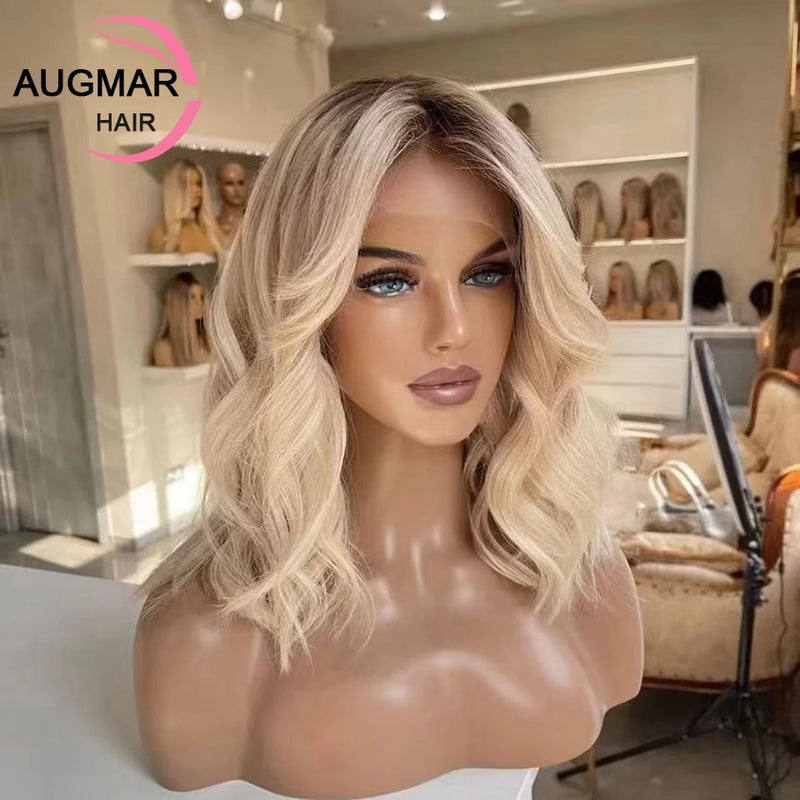 Peruca onda do corpo curto peruca dianteira do laço marrom loira destaque perucas de cabelo humano para as mulheres pré arrancadas virgem peruca frontal do laço