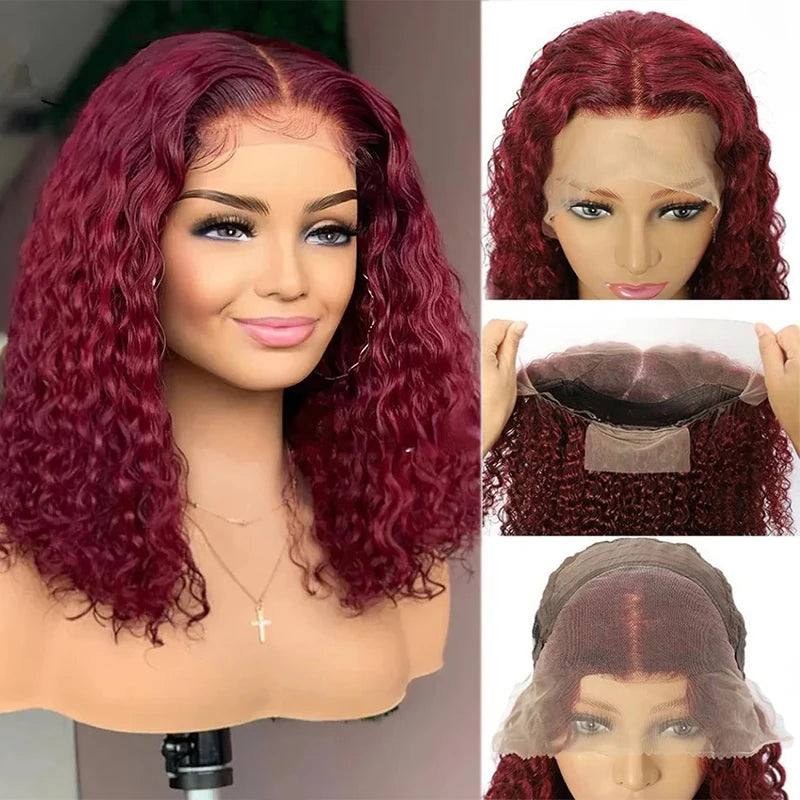 Peruca cor  borgonha onda profunda água vermelha bob perucas sem cola perucas de cabelo humano 13x4 hd transparente laço frontal perucas encaracoladas para mulher