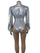 Body Tops Bodysuit Feminino Verão Brilhante Metalizado Laser Bodycon Sexy Bodycon Decote em V Manga Longa Túnica Bodysuits