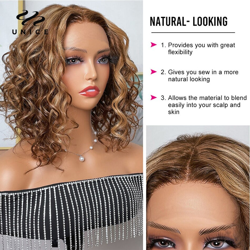 Cabelo Humano Renda Part Bob Wig 150% Densidade Loira Castanho Cabelo Humano Brasileiro Unice Hair Wig 13x1 Highlight Loose Wave Bob Wigs