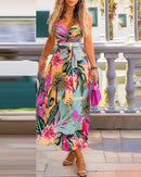Verão feminino elegante sexy cintas de espaguete floral impressão profunda decote em v maxi sexy vestidos de festa casuais