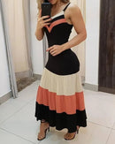 Verão feminino decote em v sem mangas colorblock cinta de espaguete babados babados maxi vestido