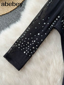 Macacão de malha translúcida para mulheres Sexy nude simulado com decote em O macacão bodycon de manga comprida Club Party Body skinny top fashion lady