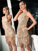 vestido de lantejoulas franja borla vestido sexy um ombro cocktail dança latina vestido de aniversário de salão