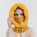 Gorro feminino de lã desleixado de caxemira gorro de pele cachecol máscara com cordão quente com capuz inverno balaclava pulôver chapéu de malha