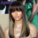 Perucas retas com franja brasileira virgem preto loira perucas de cabelo humano para mulheres sem cola completa máquina feita perucas