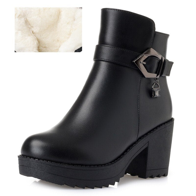 Botas femininas de tornozelo novas de couro genuíno femininas botas de inverno tendência quente de lã feminina botas de salto alto botas de neve