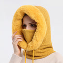 Gorro feminino de lã desleixado de caxemira gorro de pele cachecol máscara com cordão quente com capuz inverno balaclava pulôver chapéu de malha
