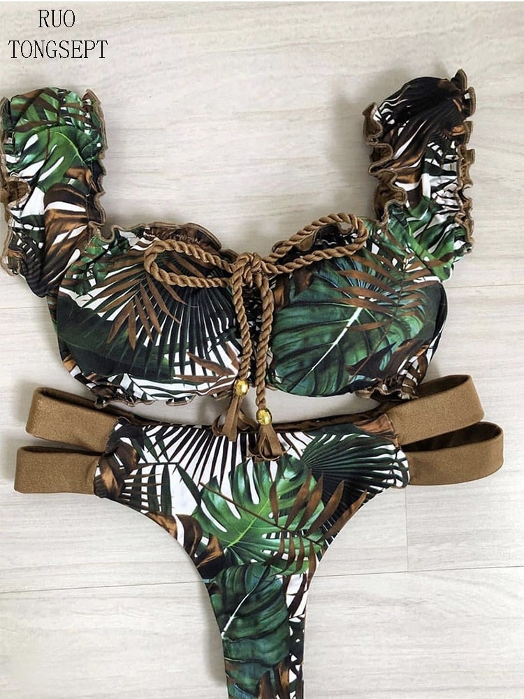 Conjunto de biquíni feminino maiô plissado biquini banho sexy brasileiro com nervuras beachwear maiô