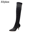 Botas bico pontudo sapatos femininos salto alto meia sobre o joelho Eilyken Design Cristal Strass Stretch Tecido