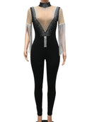 Macacão sexy com borla preta e strass feminino bodycon trajes de clube rave para festas de aniversário macacões body em geral