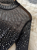 Macacão de malha translúcida para mulheres Sexy nude simulado com decote em O macacão bodycon de manga comprida Club Party Body skinny top fashion lady