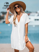 Mini vestido camiseta para mulheres sexy manga curta praia túnica biquíni nadar cobrir semi transparente beachwear