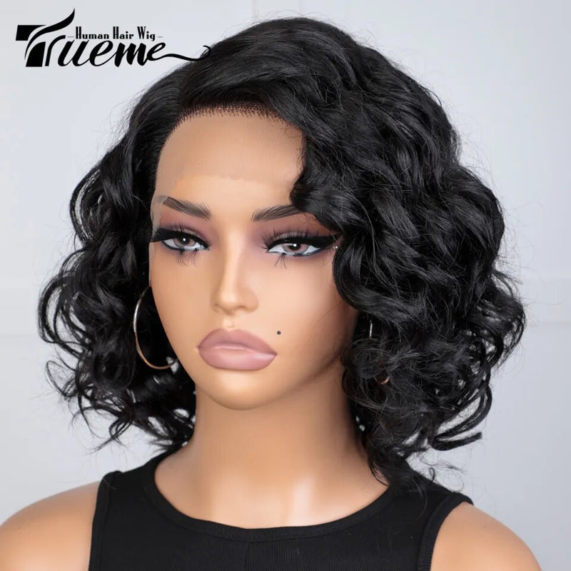 Trueme bouncy encaracolado bob peruca dianteira do laço perucas de cabelo humano para as mulheres coloridas onda de água brasileira transparente laço peruca de cabelo humano