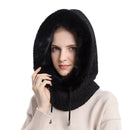 Gorro feminino de lã desleixado de caxemira gorro de pele cachecol máscara com cordão quente com capuz inverno balaclava pulôver chapéu de malha