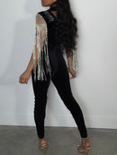 Macacão sexy com borla preta e strass feminino bodycon trajes de clube rave para festas de aniversário macacões body em geral