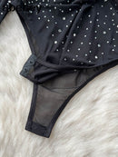 Macacão de malha translúcida para mulheres Sexy nude simulado com decote em O macacão bodycon de manga comprida Club Party Body skinny top fashion lady