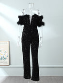 Macacões femininos sexy com lantejoulas e penas chiques, ombros descaídos, decote em V profundo, macacão para festa, feminino, vintage, fino, brilhante, macacão para noite