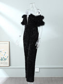 Macacões femininos sexy com lantejoulas e penas chiques, ombros descaídos, decote em V profundo, macacão para festa, feminino, vintage, fino, brilhante, macacão para noite