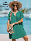 Mini vestido camiseta para mulheres sexy manga curta praia túnica biquíni nadar cobrir semi transparente beachwear