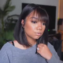 Perucas curtas retas de cabelo humano com franja perucas feitas à máquina para mulheres negras sem cola franja peruca brasileira barata