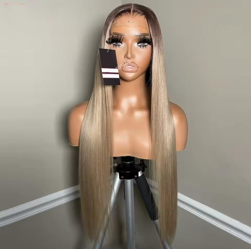 Peruca de cabelo humano liso, loiro castanho escuro,  renda frontal, 180 transparente, brasileira para mulheres