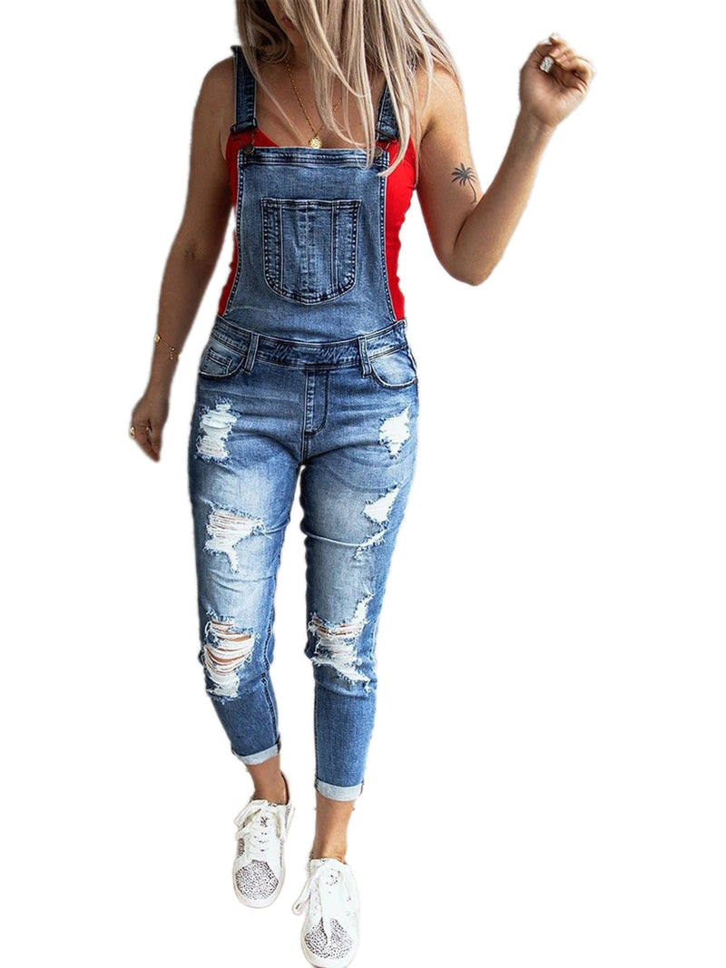 Macacões Jean Hole Moda Feminina Senhoras Baggy Jeans Jeans Babete Comprimento Total Total Sólido Solto Causal Macacão Calça Playsuit